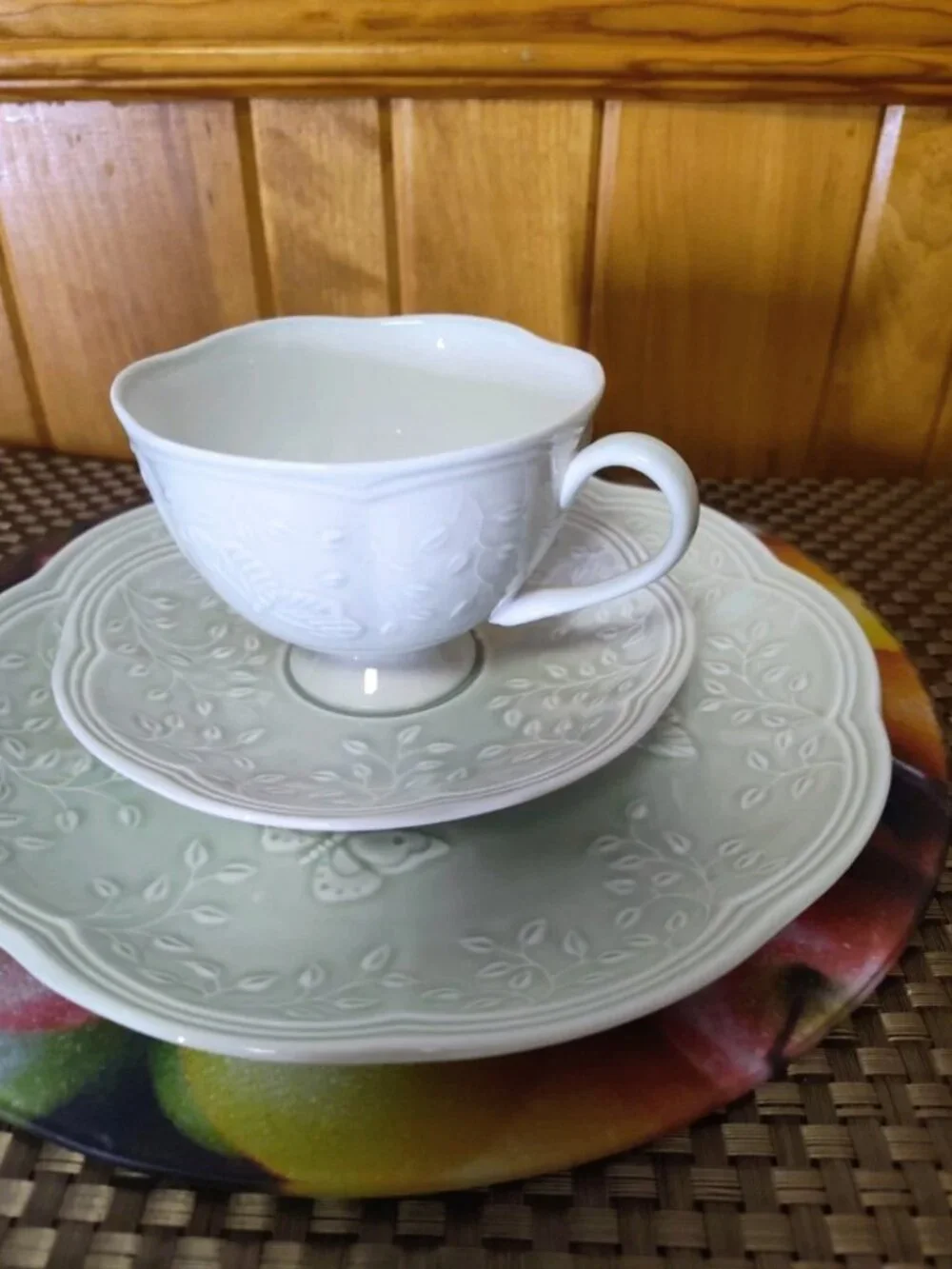 Lenox Butterfly Meadow Leaf Embossed Footed Cup Saucer & Plate Set of 3